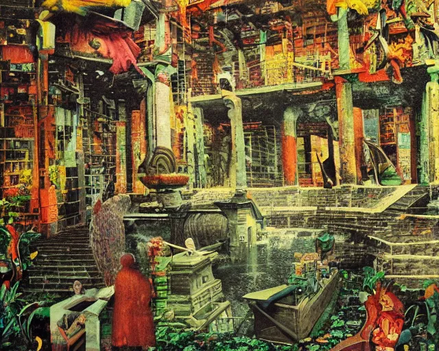 Image similar to high quality, high detail painting, dutch masterpiece, fluxus, film noir, ernst haekl, empty scene in las pozas with quetzalcoatl at night, hd, muted lighting, cut up collage