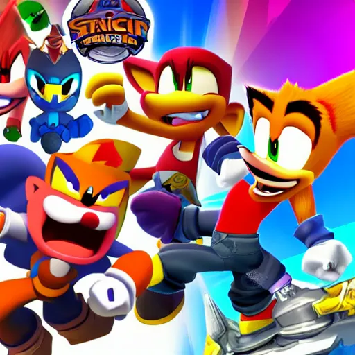 Image similar to crash bandicoot bros kirby super star ultra sonic the hedgehog gta style ratchet and clank