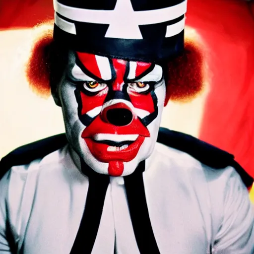 Image similar to UHD candid photo of Arnold Schwarzenegger dressed as a Nazi, wearing extremely intricate clown makeup, accurate face, UHD, photorealistic, correct face, photo by Annie Leibowitz