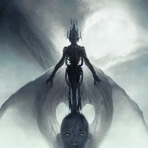 Image similar to a beautiful terrifying immense pale humanoid giant looms over a tiny human. ethereal horror fantasy art by artgerm and greg rutkowski and hr giger