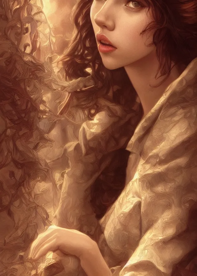 Image similar to Scarlett Johansson , beautiful bone structure, intricate, elegant, highly detailed, digital painting, artstation, concept art, smooth, sharp focus, illustration, art by artgerm and greg rutkowski and alphonse mucha