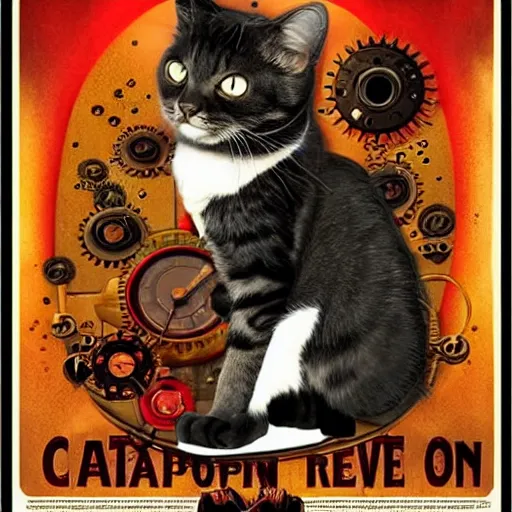 Image similar to steampunk cat, retro, movie poster