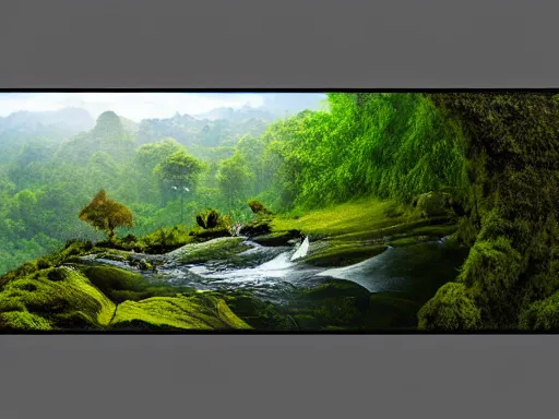 Prompt: serene landscape of a rain forest, panorama, photorealist, 4 k