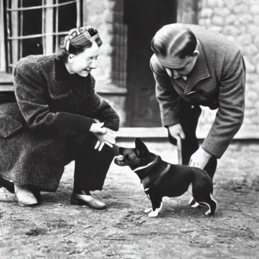 Image similar to ultra wide 1 9 4 6 historical photo of a single german general kneeling to pet a cute corgi, a young queen elizabeth stands near him, french village exterior, highly detailed, sharp focus