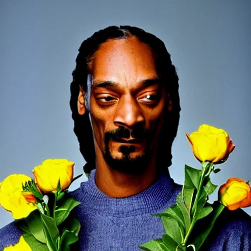 Prompt: Snoop Dogg crying while holding a Vase of flowers for a 1990s sitcom tv show, Studio Photograph, portrait, very sad C 12.0