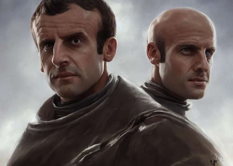 Image similar to painting portrait of Emmanuel Macron dressed as Arcann and as Thexan in Star Wars, sharp focus, waist up, trending on ArtStation, masterpiece, by Greg Rutkowski, by Ross Tran, by Fenghua Zhong, octane, clear eyes, soft render, clear facial features, oil on canvas, moody lighting, cinematic, professional environment concept art