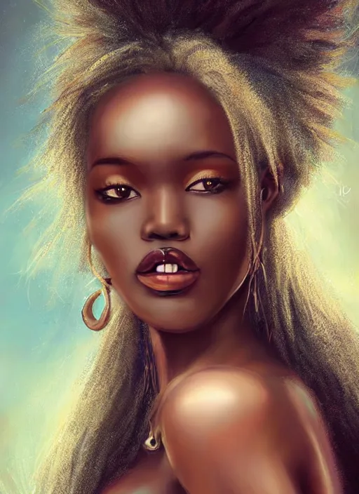 Image similar to a beautiful african woman, 8 k, hyperrealistic, hyperdetailed, beautiful face, long hair windy, dark fantasy, fantasy portrait by laura sava