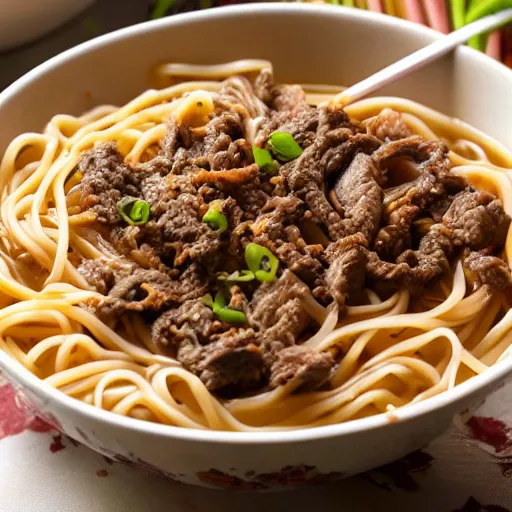 Prompt: a bowl of noodles with mixed beef sauce