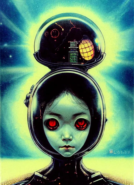 Image similar to japanese sci fi horror girl with big eyes, character portrait, portrait, close up, concept art, intricate details, highly detailed, vintage sci - fi poster, in the style of chris foss, rodger dean, moebius, michael whelan, and gustave dore