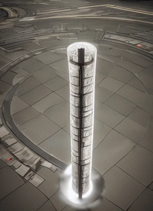 Image similar to highly detailed render of a high tech futuristic tall stele standing on the road ring made in unreal engine 4