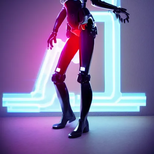 Prompt: a full body photo of a female cyborg, cyberpunk humanoid with silky smooth skin in glamour pose lit with neon lights, trending in cgsociety.