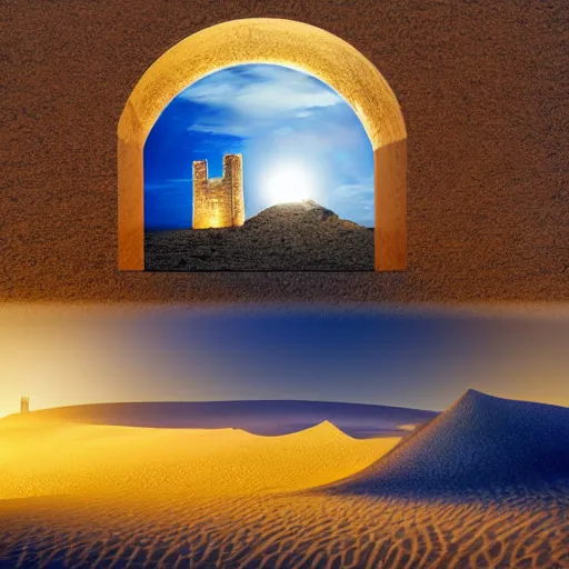 Image similar to desert at night filled with centaurs, tall white tower in the background, HD,