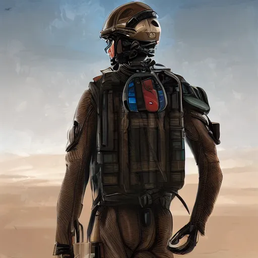 Image similar to futuristic insurgent wearing black helmet glossy visor, brown cloak, technical vest, and a backpack, photorealistic, digital art , red tint