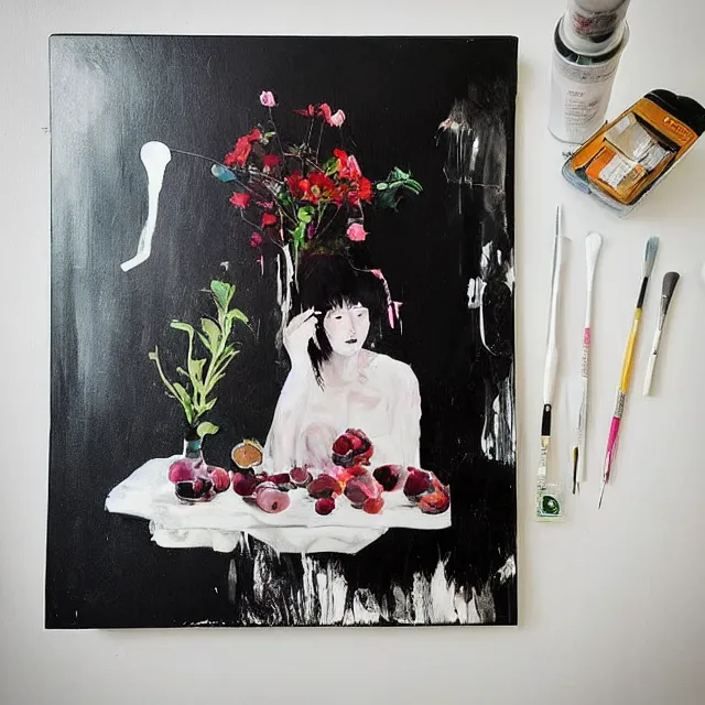 Prompt: “ a portrait in a female art student ’ s apartment, sensual, art supplies, paint tubes, palette knife, pigs, ikebana, herbs, a candle dripping white wax, black walls, squashed berries, berry juice drips, acrylic and spray paint and oilstick on canvas, surrealism, neoexpressionism ”