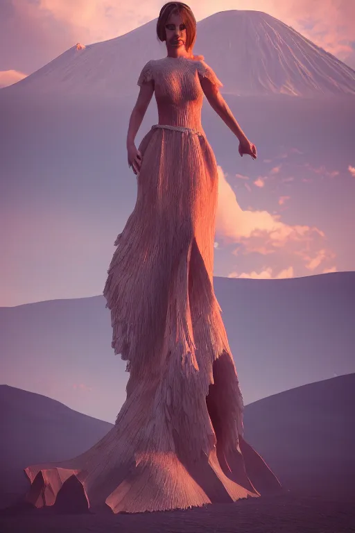 Image similar to a girl in a magnificent dress stands near a volcano, afar, fullbody, in full growth, photorealistic, high resolution, trending on artstation, highly detailed, volumetric lighting, 35mm