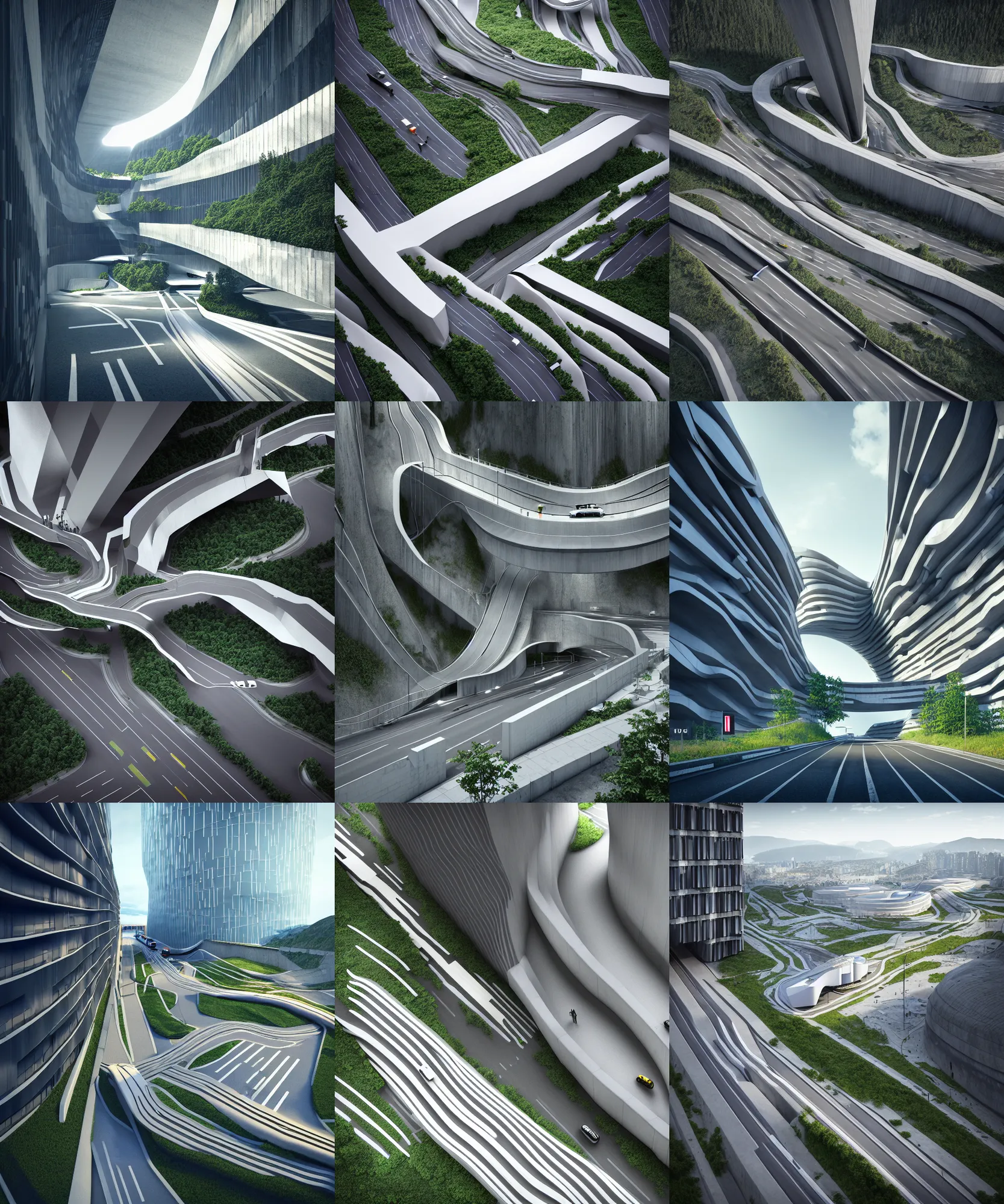 Prompt: denis villeneuve establishing shot of modern bjarke ingels condo building and gotthard tunnel entrance combined, roads tunnel under bjarke ingels condo building, lush environment, maximalism, scifi artstation digital concept art, unreal engine, hyper realism, realistic shading, blender render, octane render, wide shot