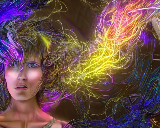 Image similar to glowing hair, complex cybernetic beings, beautiful hairy humanoids, cybermagnetosphere, cybernetic civilizations, ornate hair, love, joy, vortexes, large arrays, data holograms, 8 k, cinematic light shadows, wet hdr refractions, *, * * *, * * * * *