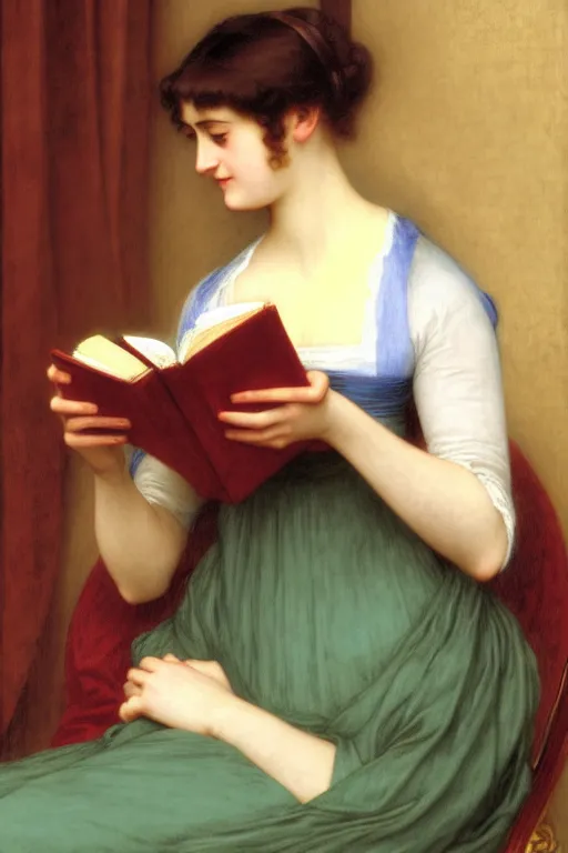 Prompt: jane austen with books, painting by rossetti bouguereau, detailed art, artstation