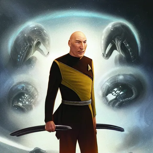 Image similar to Jean Luc Picard killing a bunch of alien species from Star Trek, highly detailed, digital painting, artstation, concept art, smooth, sharp focus, illustration by Artgerm and Greg Rutkowski and Tom Bagshaw