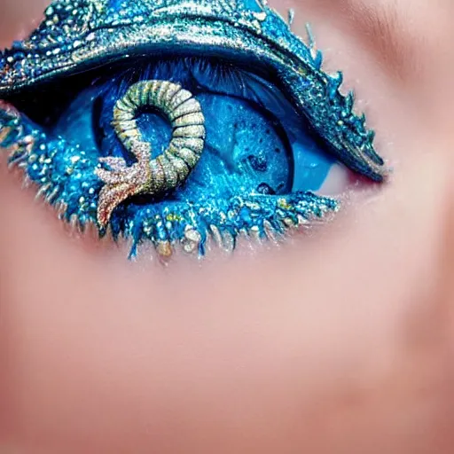 Image similar to an ultra perfect portrait of a fantastic mermaid with an ultra perfect and ultra detailed wild face with beautiful, ultra detailed wild blue eyes a fantastic crown of diamons and a diamond dust glitter and sparkles tail, swimming in a beautiful blue ocean