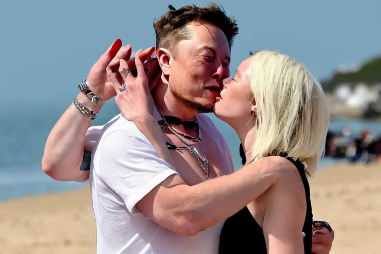 Prompt: elon musk kissing billie ellish at the beach