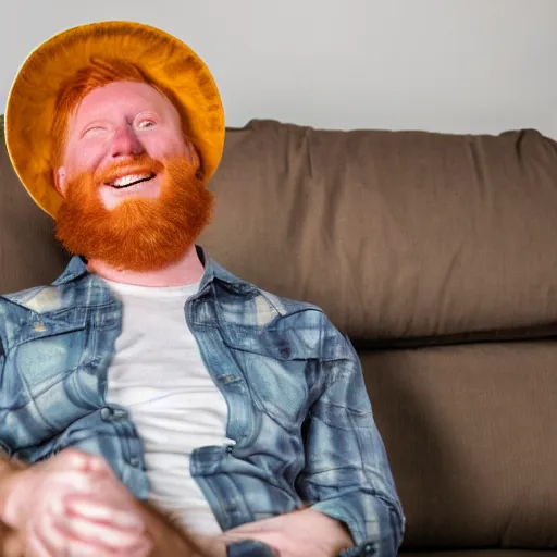 Image similar to professional photography of a drunk ginger haired man slouched on the couch smiling wearing a cone on his head stock photo