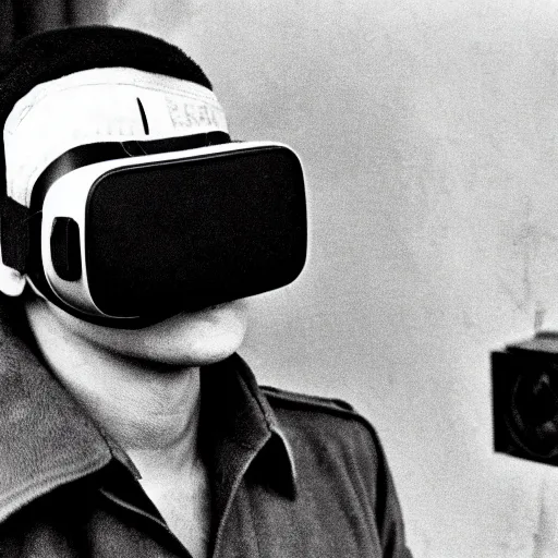 Image similar to photograph of a soviet soldier with a soviet virtual reality headset, russia, 1 9 7 6, hyper detailed