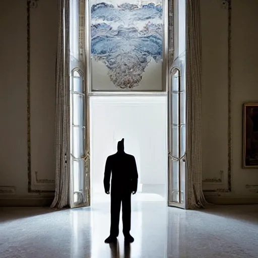 Image similar to Batman standing in giant Italian modern castle living room, clean minimalist design, that is 1300 feet tall, with very tall giant walls filled with modern art paintings, doors that are cosmic portals, photo by Annie Leibovitz