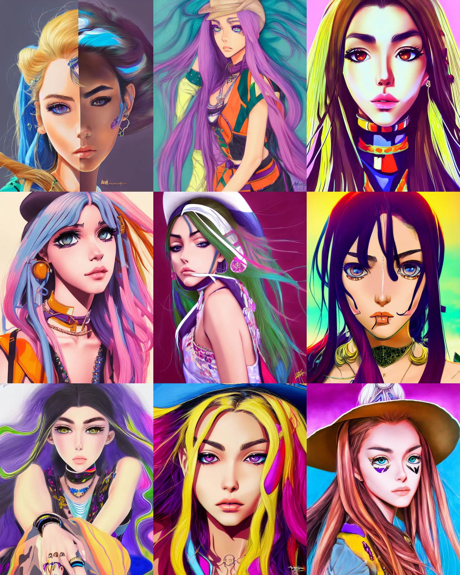 Prompt: portrait of madison beer, beautiful, elegant colorful, inspired by steel ball run manga, artstation trending, deviantart, highly detailed, focus, smooth, illustrated by hirohiko araki