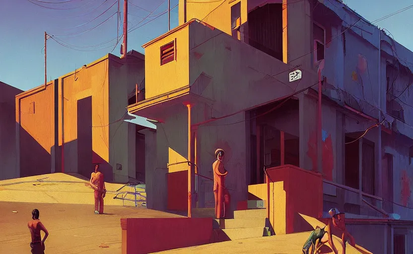 Image similar to Mysteriuos Favela, very coherent, painted by Edward Hopper, Wayne Barlowe, painted by James Gilleard, airbrush, art by JamesJean