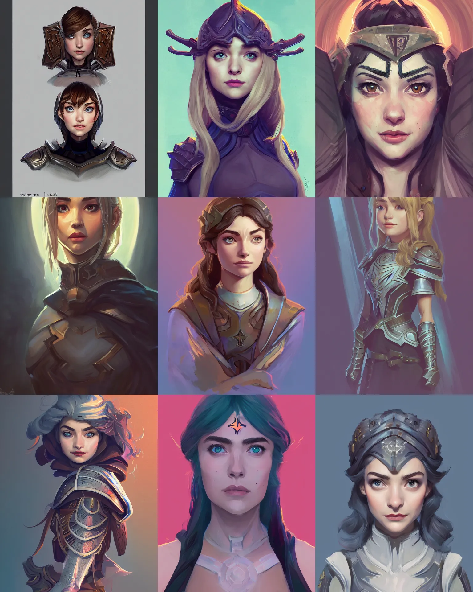 Prompt: front facing symmetrical centered painted portrait, just one head, Imogen Poots as a D&D Paladin, RPG character avatar, Blizzard concept art, pixar, dreamworks, global illumination lighting, trending on artstation, by lois van baarle, ilya kuvshinov, rossdraws, Mucha