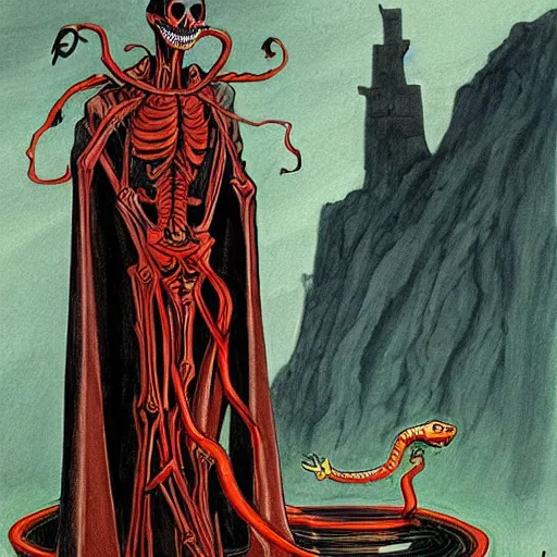 Prompt: A beautiful drawing of a horned, red-eyed, skeleton-like creature, with a long black cape, and a staff with a snake wrapped around it, standing in front of a castle atop a cliff. ikebana by Vincent Di Fate, by Frank Lloyd Wright intuitive