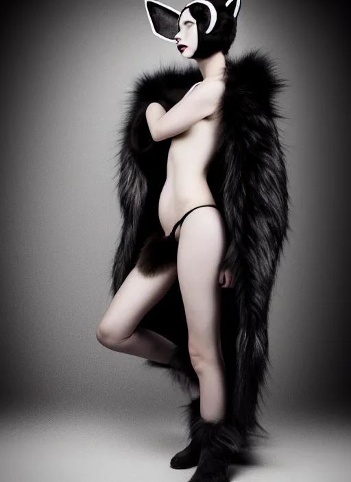 Image similar to full body environmental portrait photo of dressed catgirl anya taylor - joy, cat ears, fur, glamour shot by gemmy woud - binnendijk, chris knight, photorealistic, canon r 3, high fashion photography, elegant, luxury and elite, symmetry, octane render, unreal engine, solid dark grey background, dramatic studio lights, high fashion journal cover