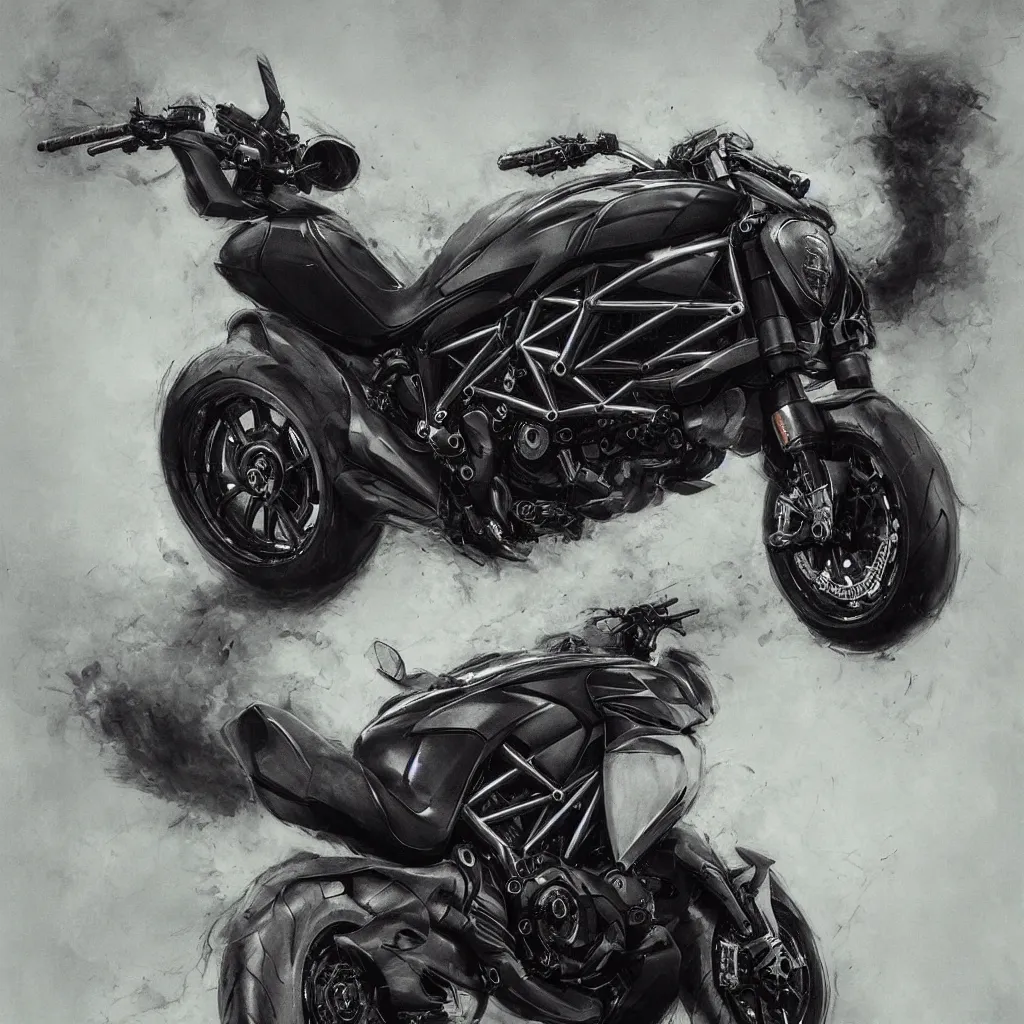 Image similar to ducati diavel. dark colors. menacing. haunting. frightening. trending on artstation. award winning. artgem. greg rutkowski. beksinski. extremely detailed. 4 k.