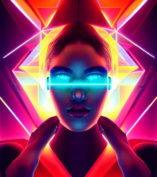 Image similar to symmetry!! latin princess of technology, solid cube of light, hard edges, product render retro - futuristic poster scifi, lasers and neon circuits, beautiful woman latin princess, intricate, elegant, highly detailed, digital painting, artstation, concept art, smooth, sharp focus, illustration, dreamlike, art by artgerm