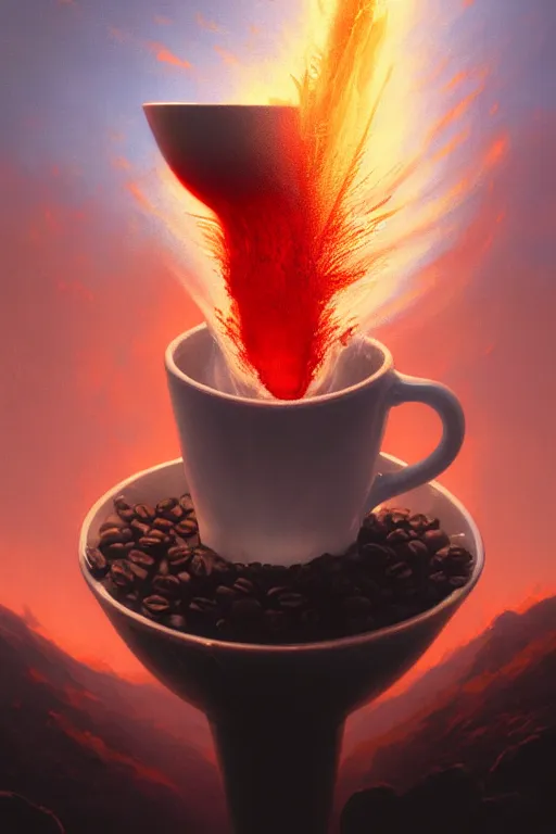 Image similar to coffee cup with volcano erupting inside the whipped cream on top of the cup, stephen bliss, unreal engine, fantasy art by greg rutkowski, rhads, ferdinand knab, makoto shinkai and lois van baarle, ilya kuvshinov, rossdraws, tom bagshaw, global illumination, radiant light, red blue theme, pine forest