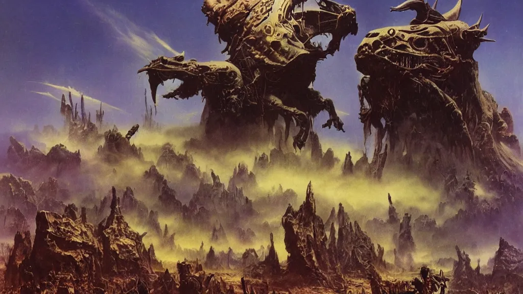 Prompt: surreal eerie alien planet empire, an alien army on a horse like creatures by frank frazetta and bruce pennington, cinematic matte painting