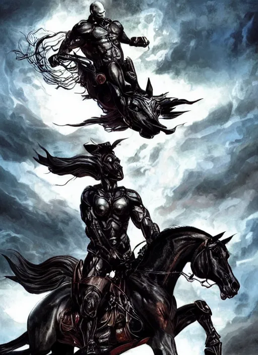 Prompt: ethan van sciver with a bald head and grey trimmed beard with a pointy nose as the first horseman of the apocalypse riding a strong big black stallion, horse is running, the rider is carrying the scales of justice, beautiful artwork by artgerm and rutkowski, breathtaking, beautifully lit, dramatic, full view