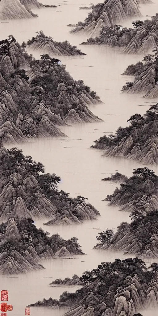 Image similar to Environmental shot, Beautiful!!!!! chinese ink-wash painting of a river!!!, beautiful brush strokes, red ink, birds flying , shui mo hua, highly intricate