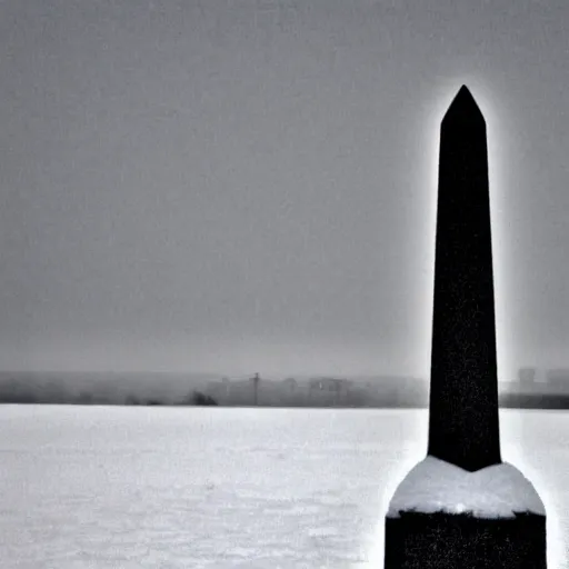 Image similar to a large obelisk on a flat plain of ice. grainy, overcast sky, snowing.