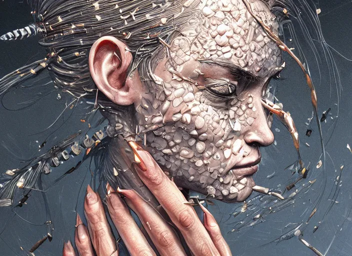 Image similar to a stupid head with highly detailed realistic nails sticking out of it, hammered nails, pain, light effect, hyper detailed, intricate, elegant, highly detailed, digital painting, artstation, concept art, matte, sharp focus, illustration, by dan mumford, yusuke murata, makoto shinkai, ross tran