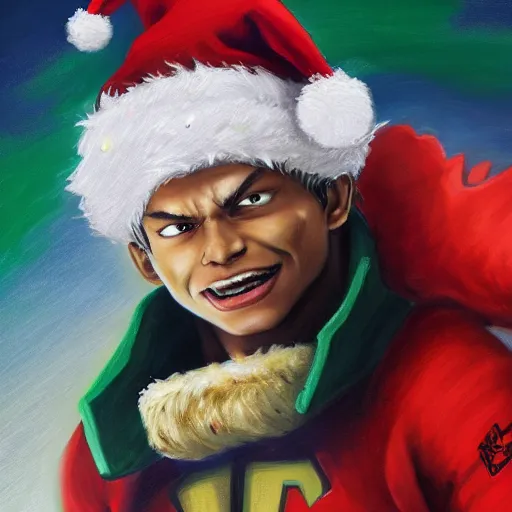 Prompt: an oil painting of a izuku midoriya wearing a hip - hop rap christmas hat drawn by frank frazetta, hd, hdr, ue 5, ue 6, unreal engine 5, 3 d, cinematic 4 k wallpaper, 8 k, ultra detailed, high resolution, artstation, award - winning pencil drawing