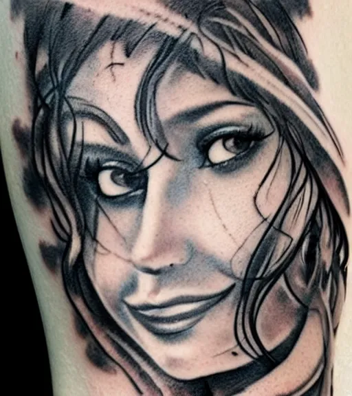 Prompt: tattoo design sketch of a beautiful girl with, faded mountain background, in the style of den yakovlev, black and white, realism tattoo, hyper realistic, highly detailed