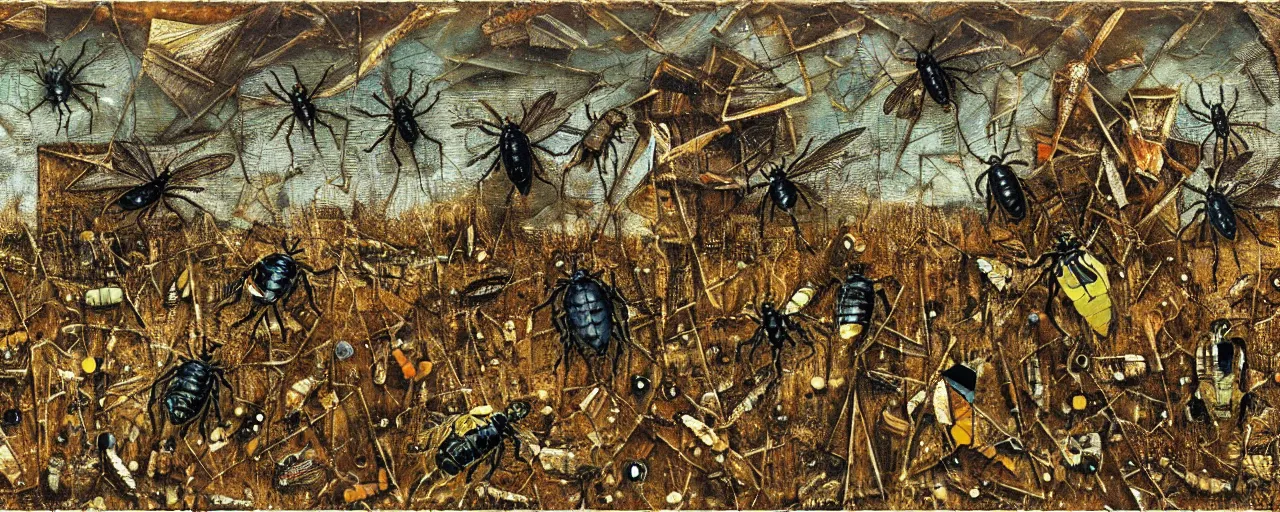 Image similar to strange giant insects, beetles and flies, swarming in a cornfield, oil painting by max ernst and anselm kiefer, decay, mixed media, textured, sharp focus, highly detailed, photographic emulsion cracked and peeling, rust, cinematic lighting, 8 k, hd