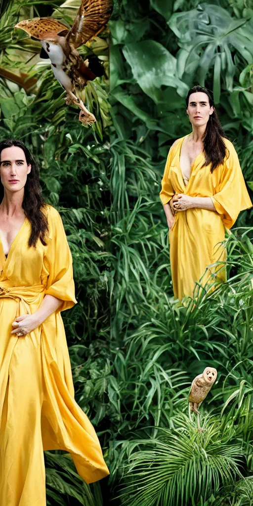 Image similar to Large format Portrait of Jennifer Connelly wearing a yellow kimono in a tropical greenhouse with a very detailed barn owl on her shoulder, medium format camera, 85mm f1.8, bokeh, sharp focus, detailed, centered, Fashion shoot 8k, dreamy, elegant