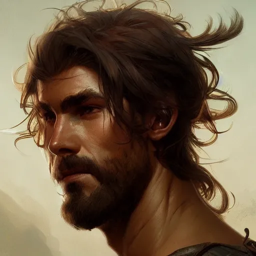 Prompt: portrait of rugged male ranger muscular fantasy intricate elegant headshot portrait detailed face coherent face highly detailed digital painting artstation concept art smooth sharp focus illustration art by artgerm and greg rutkowski and alphonse mucha