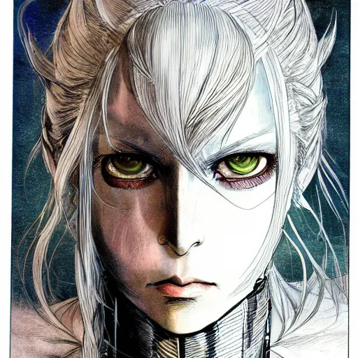 Image similar to character portrait of a girl with wavy white hair and black eyes in the style of yoshitaka amano drawn by alex maleev, highly detailed, elden ring armor