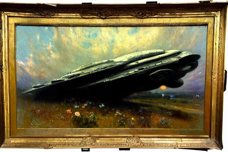 Prompt: impressionist brushstrokes!!!! hr giger and richard schmid and jeremy lipking victorian loose genre loose painting of a giant spaceship