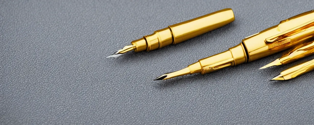 Image similar to a closeup of a gold robot hand holding a fountain pen, hyper realistic