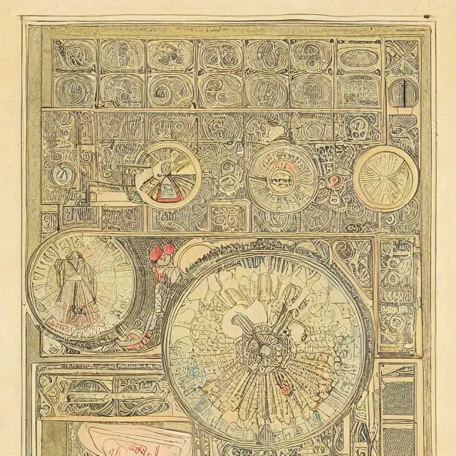 Image similar to detailed, intricate technical drawings on parchment from 1 8 4 0, accented with color, with labels and notes, for a beautiful, symmetric, art deco plotter printer, by ron cobb and alphonse mucha